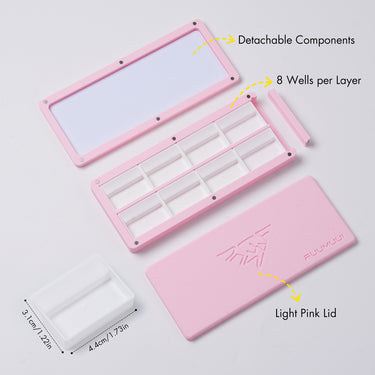 Exploded view of the FUUMUUI 3-Tier Light Pink Magnetic Palette, showing detachable components and 8 wells per layer.