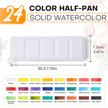 Fuumuui 24-color solid watercolor paint set metal tin dimensions and a full color chart showing all shades.
