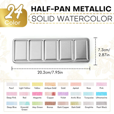 Dimensions and color chart for the FUUMUUI 24-color half-pan metallic solid watercolor paint set.