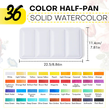 Color swatches and metal tin dimensions for the FUUMUUI 36-color half-pan solid watercolor paint set.