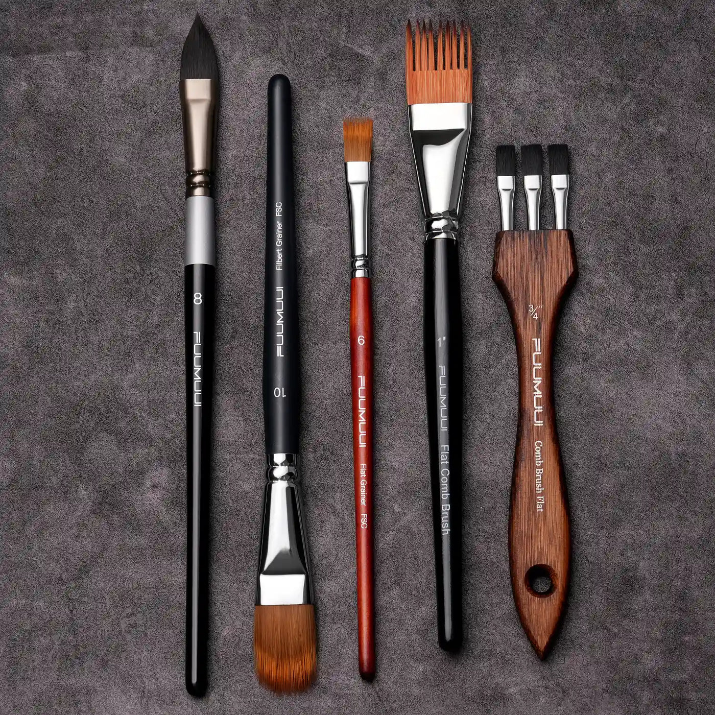 Fuumuui synthetic watercolor brush set: Size 8 round squirrel hair, Size 10 Filbert Grainer, Size 6 Flat Grainer, 1" Flat Comb Brush, and 3/4" triple-head Comb Brush Flat for professional artists and beginners.