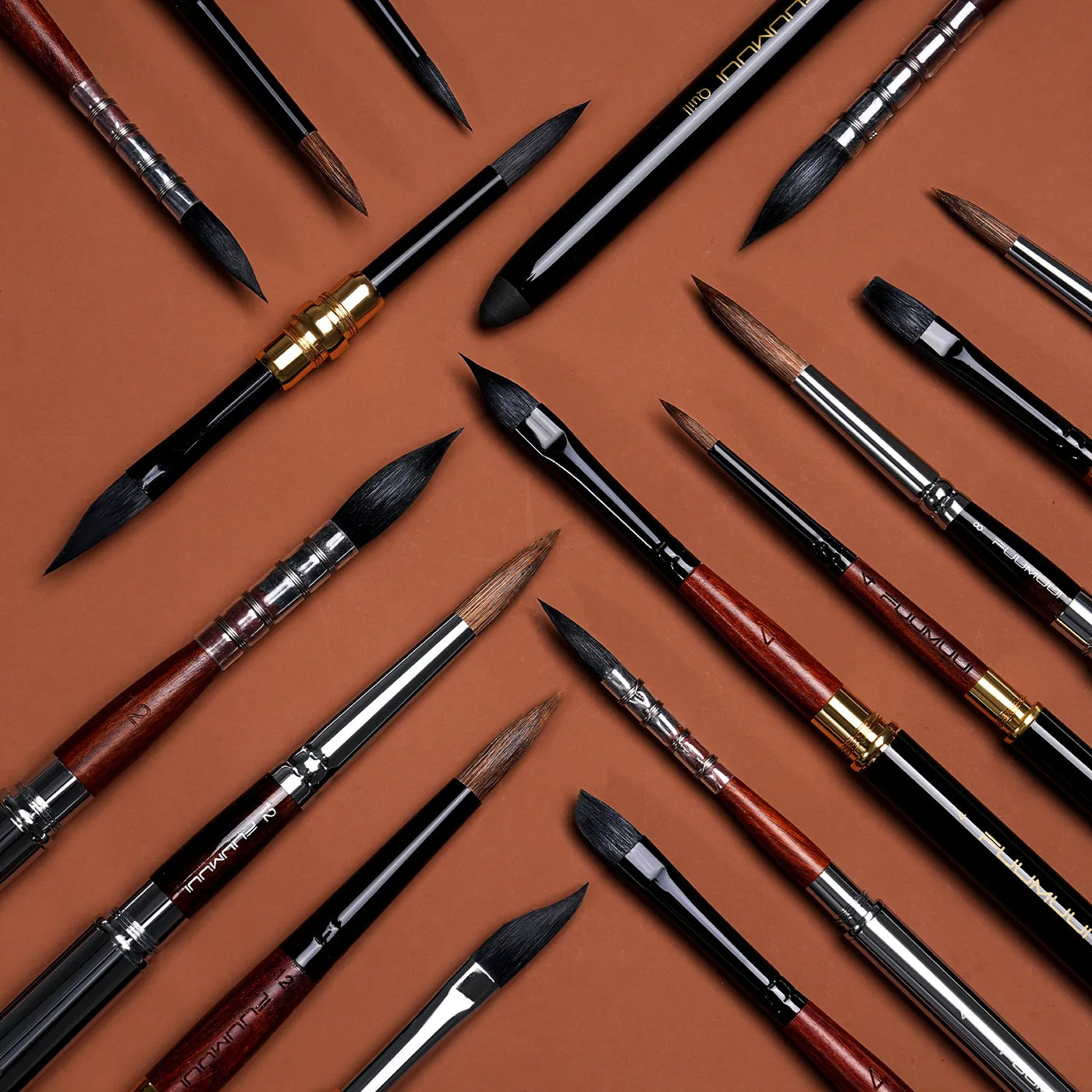 Professional Fuumuui Travel Watercolor Brush collection featuring Kolinsky Sable, Squirrel Hair, and Synthetic Nylon bristles. Includes Quill brushes, Travel Pocket Brushes, and Detail Brushes for watercolor artists.