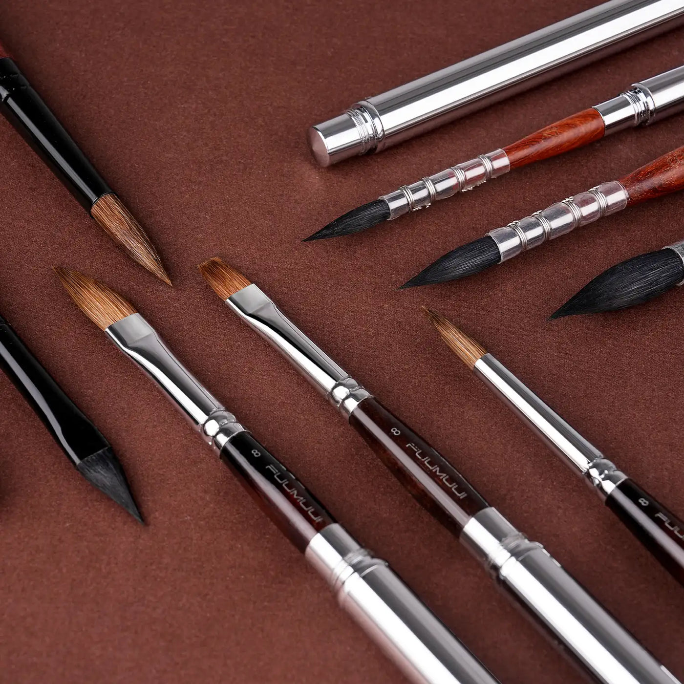 Fuumuui size 8 travel watercolor brush set with natural hair bristles, including kolinsky sable and squirrel hair. Professional travel pocket brushes with silver metal caps and wooden handles for artists.