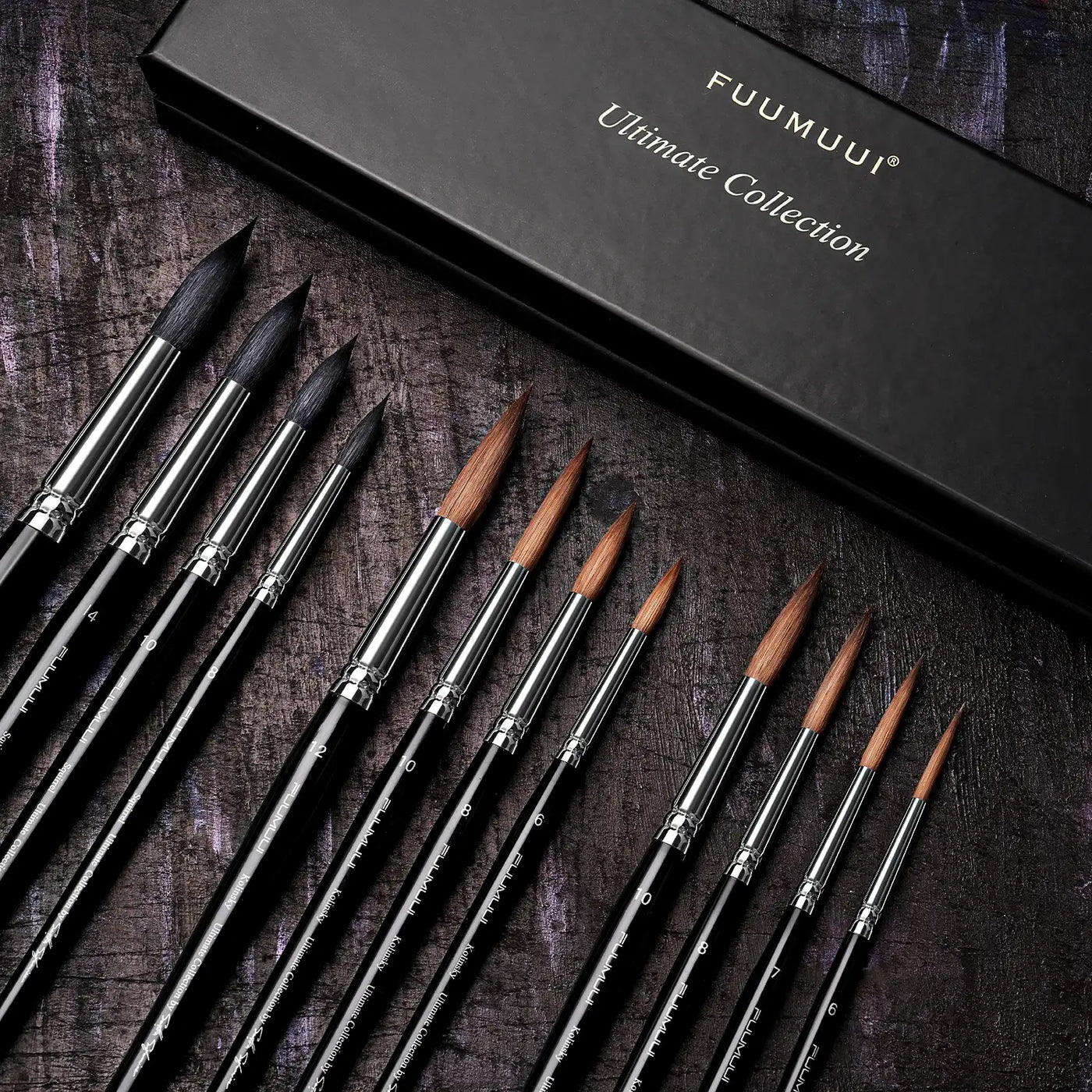 Fuumuui Ultimate Collection professional watercolor brush set featuring premium Squirrel Hair and Kolinsky Sable detail brushes in assorted sizes. Ideal for professional artists using watercolor paint and gouache.
