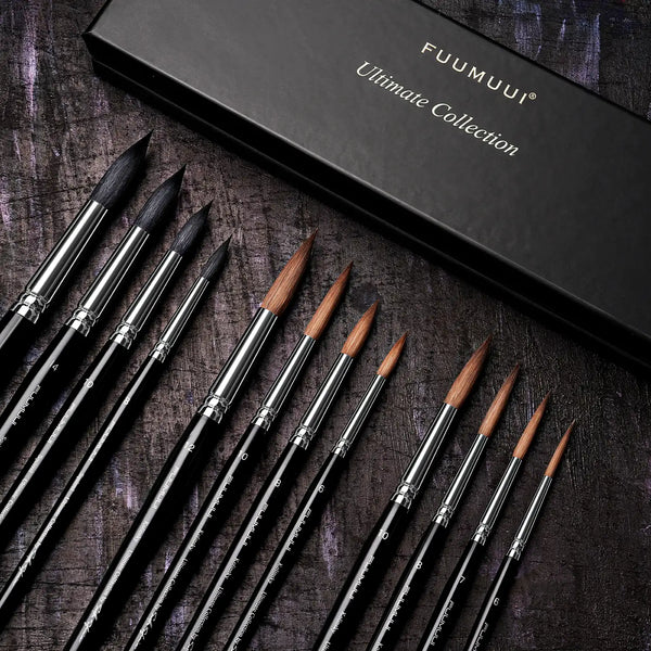 Fuumuui Ultimate Collection professional watercolor brush set featuring premium Squirrel Hair and Kolinsky Sable detail brushes in assorted sizes. Ideal for professional artists using watercolor paint and gouache.