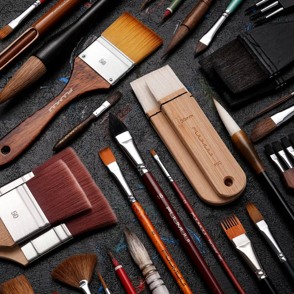 Professional FUUMUUI Art brushes including a squirrel hair mop, synthetic nylon flat wash, 30mm flat grainer, size 16 round watercolor brush, and fan brush for professional artists and beginners.