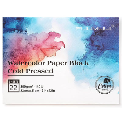 Fuumuui 100% Cotton Cold Pressed Watercolor Block, 22 sheets, 300gsm (140lb), 9x12 inch