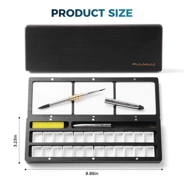 Fuumuui 24 Half Pan Black Wooden Watercolor Palette Box – Empty Travel Set with Mixing Lid & Dual-Tip Brush