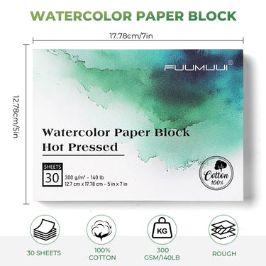 Fuumuui Hot Pressed Watercolor Paper Block - 100% Cotton & Smooth Texture