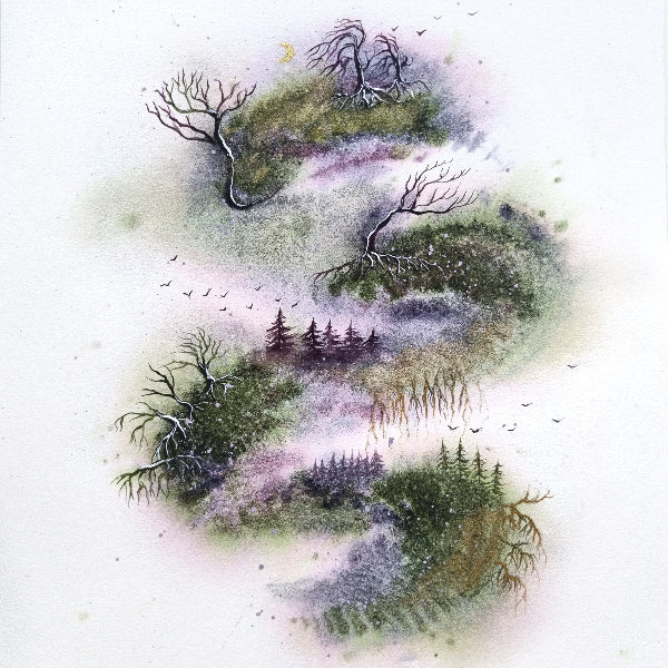 Year of the Dragon landscape on 100% Cotton 140lb Cold Press paper. Misty forest scenery and fine tree branches created with professional Watercolor Paint and a Detail Brush for professional artists.