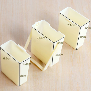 Drei Fuumuui Pinselwascheimer, rechteckige hellgelbe Plastikbehälter in verschiedenen Größen mit angezeigten Abmessungen für Künstlerbedarf.