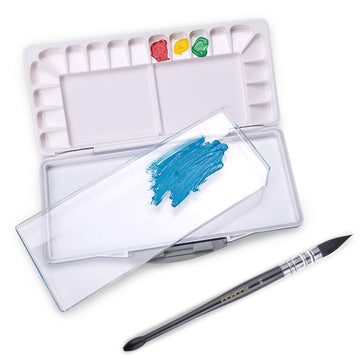 Fuumuui Watercolor Palette, an open white mixing palette with red, yellow, green watercolor paints, a clear mixing tray with blue paint swash, and a Fuumuui watercolor paintbrush.