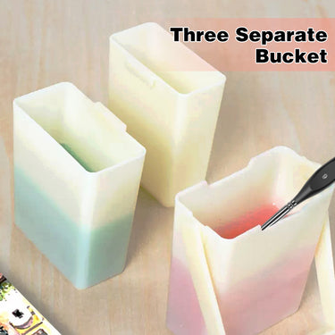 Fuumuui Pinselwascheimer mit drei separaten Farbverlauf-Fächern, eines mit einem Pinsel, für Künstlerreinigungsbedarf.