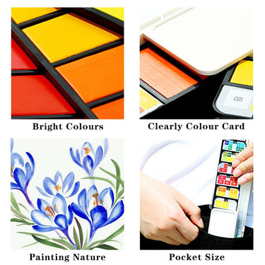 A four-panel image showing a vibrant watercolor paint set, a color card, a beautiful nature painting, and a compact, pocket-sized watercolor kit.