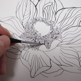 Fuumuui professional nylon detail brush creating intricate fine line floral artwork.